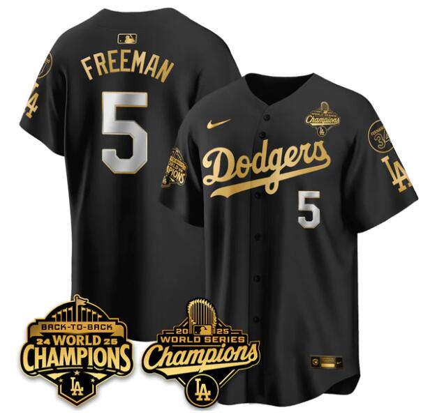 Men's Los Angeles Dodgers #5 Freddie Freeman Black Gold 2025 World Series Champions Back to Back With No.34 Patch Limited Stitched Baseball Jersey Men's Los Angeles Dodgers #5 Freddie Freeman Black Gold 2025 World Series Champions Back to Back With No.34 Patch Limited Stitched Baseball Jersey
